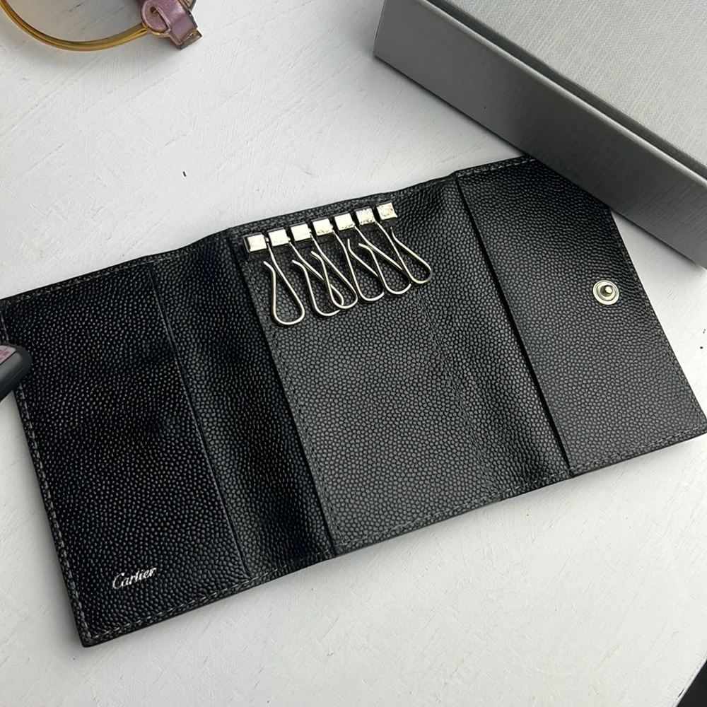 Auth. Cartier Santos Leather 4 Ring Key Case Black Logo Unisex Vintage